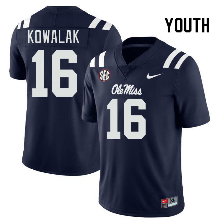 Youth #16 Justin Kowalak Ole Miss Rebels College Football Jerseys Stitched-Navy